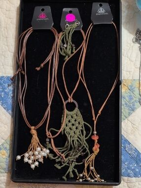 paparazzi Olive Green Macramé Layered Pendant Necklace with Brown Cords